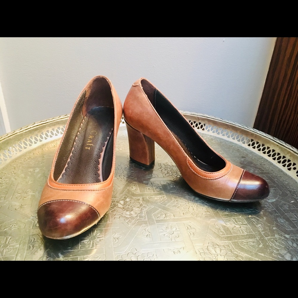 Vintage tri-tone brown leather shoes with block heel
